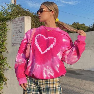 y2k Women Fashion Valentine Tie-Dye Heart Print Casual Sweatshirts