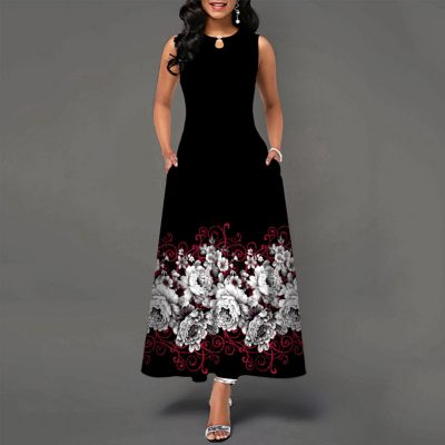 Women Fashion Plus Size Graphic Printing Sleeveless Swing Dress