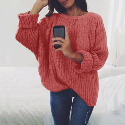 S-XXL Women Casual Loose Solid Color Round Collar Pullover Sweater